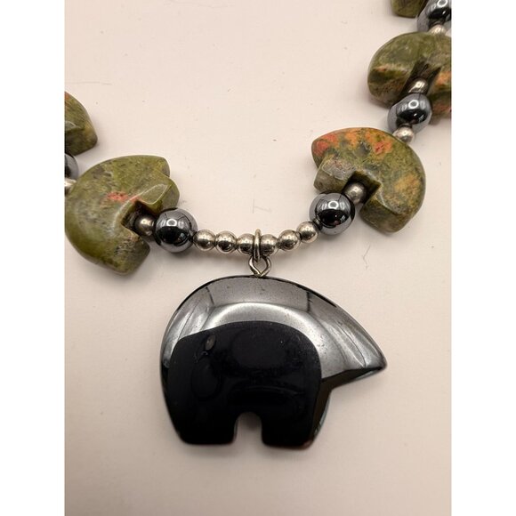 VTG Boho Unakite Stone Bear Pendant Necklace 24" Hematite Beads Southwestern Nat - Picture 2 of 10